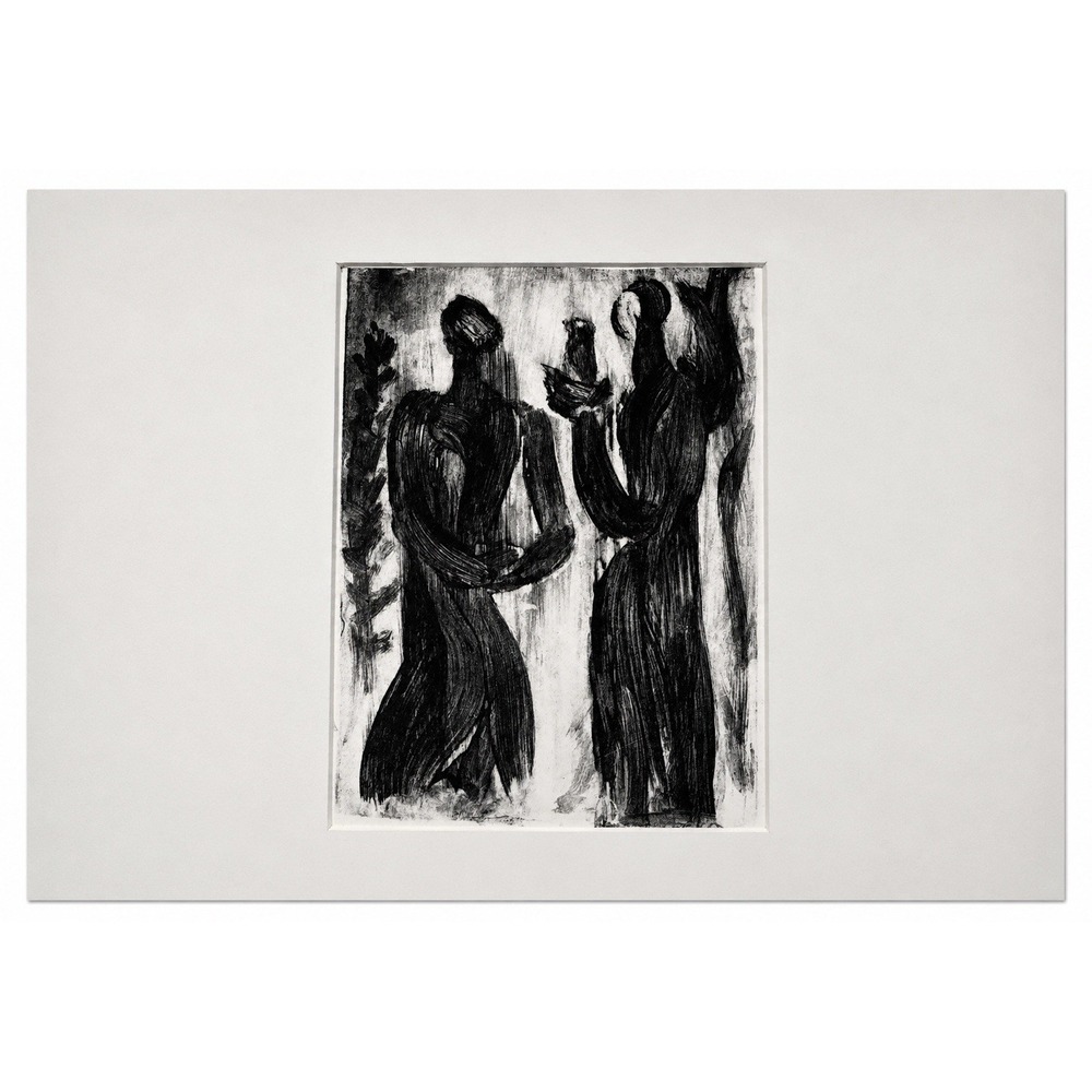 Vintage Modernist Lithograph Two Figures Offering Expressionist Original Art